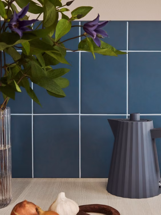 kitchen backsplash tiles painted with dark blue colour