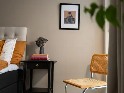 bedroom with beige colour wall