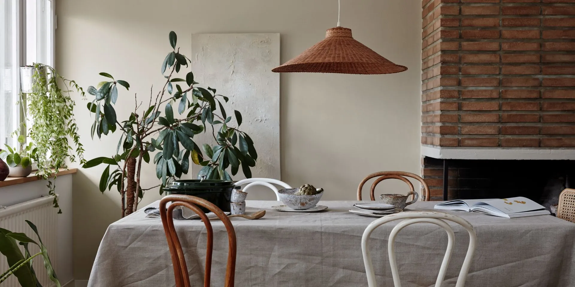 beige colour wall in bohemian style dinning area