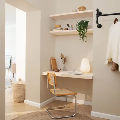 Žemės atspalvių darbo kambarys namuose